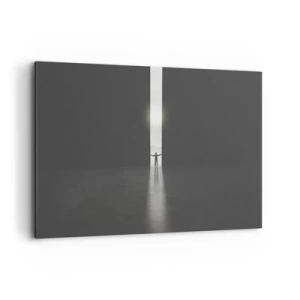 Obraz na płótnie - Człowiek stojący w świetle wąskiej szczeliny w ciemnej przestrzeni - 120x80cm - Krok do jasnej przyszłości - Nowoczesna dekoracja ścienna do salonu, kuchni i sypialni ARTTOR