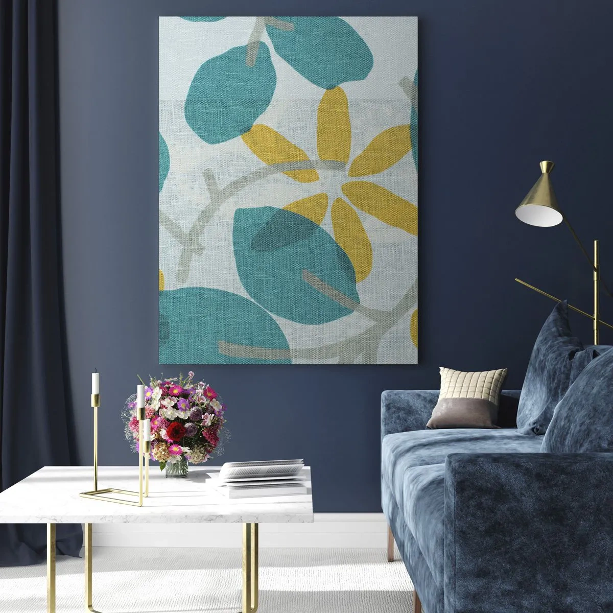 Obraz na szkle - Roślinna grafika z lazurowymi liśćmi i żółtymi kwiatami - 50x70cm - Wśród lazurowych liści - Nowoczesna dekoracja ścienna do salonu, kuchni i sypialni ARTTOR