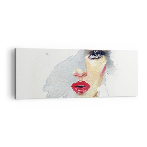 Obraz na płótnie - Portret kobiety w akwarelowym stylu z intensywnym spojrzeniem - 140x50cm - Odbicie w kropli wody - Nowoczesna dekoracja ścienna do salonu i sypialni ARTTOR