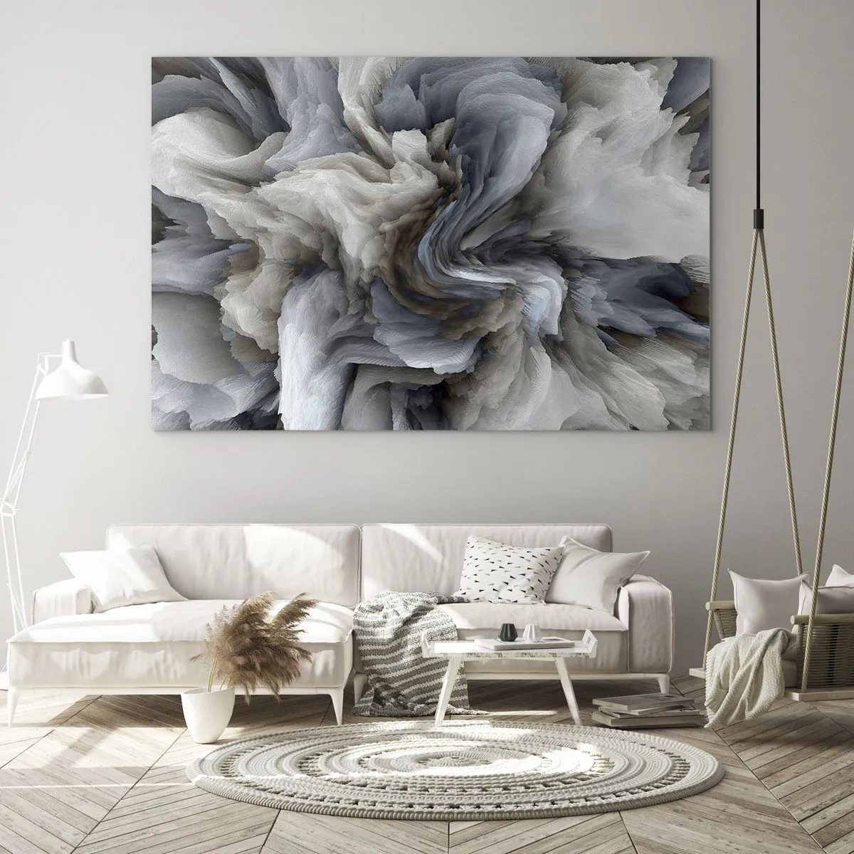Obraz na szkle - Abstrakcyjna kompozycja przypominająca wirujące pióra - 70x50cm - Kamień i kwiat - Nowoczesna dekoracja ścienna do salonu i sypialni ARTTOR