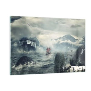 Obraz na szkle - Statek na wzburzonym morzu z zamkiem w tle - 120x80cm - Na magicznych wodach - Nowoczesna dekoracja ścienna do salonu, kuchni i sypialni ARTTOR