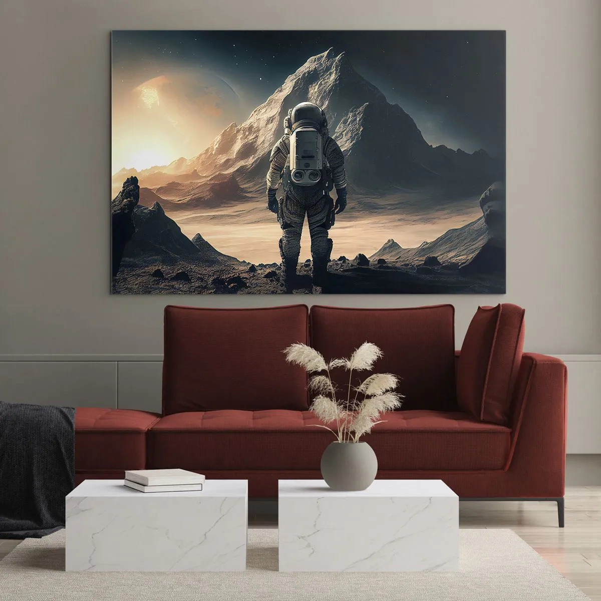 Obraz na szkle - Astronauta na obcej planecie z górzystym pejzażem - 70x50cm - Nowe wyzwanie - Nowoczesna dekoracja ścienna do salonu i sypialni ARTTOR