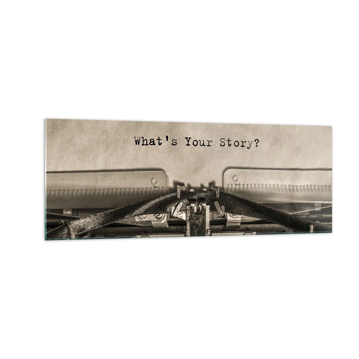 Obraz na szkle - Maszyna do pisania z napisem What’s Your Story? - 140x50cm - Opowiedz mi - Nowoczesna dekoracja ścienna do salonu i sypialni ARTTOR