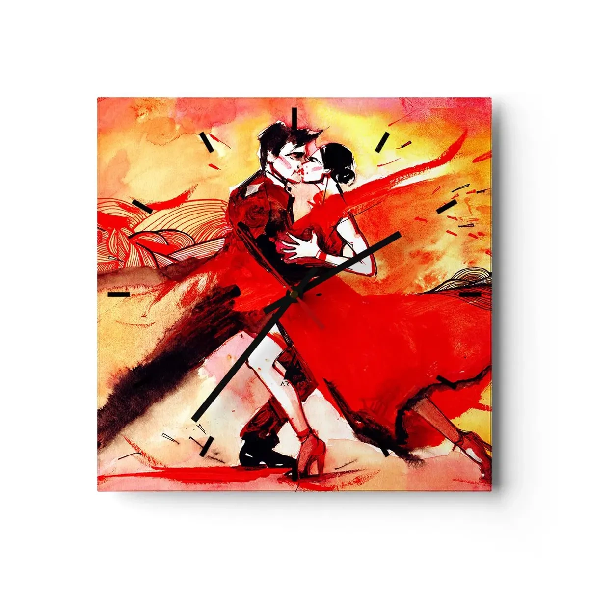 Zegar ścienny - Para tańcząca tango w czerwonych tonacjach na dynamicznym tle - 30x30cm - Purpurowy rytm namiętności - Nowoczesna dekoracja ścienna do salonu i sypialni ARTTOR