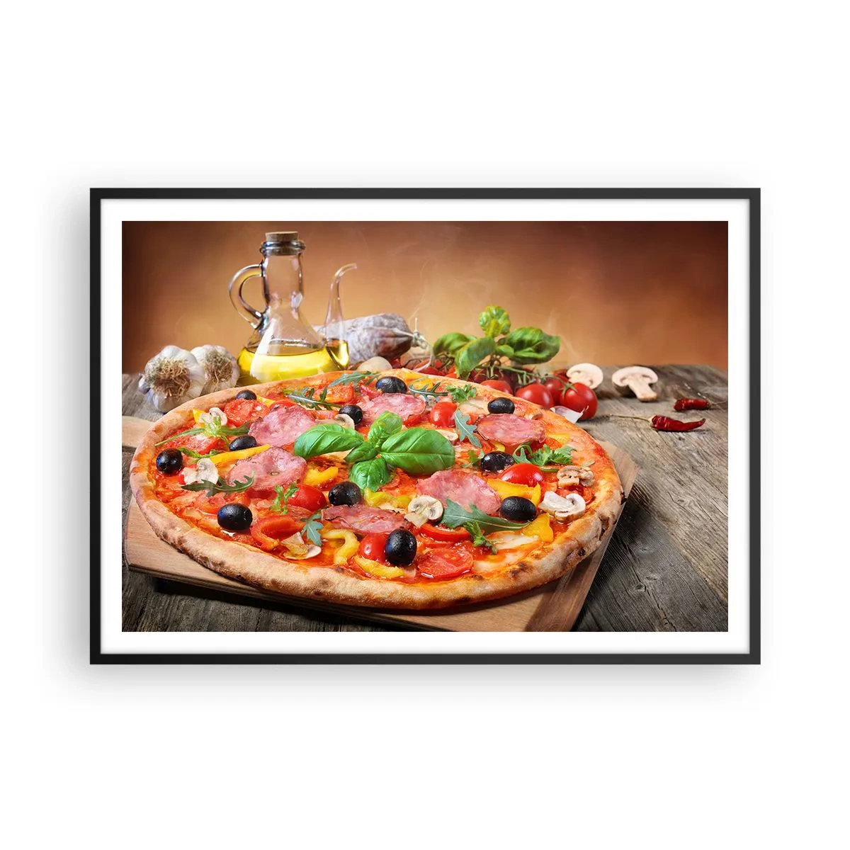 Plakat w czarnej ramie - Apetyczna pizza na drewnianym stole z dodatkami - 100x70cm - Z prawdziwie włoskim smakiem - Nowoczesna dekoracja ścienna do salonu i sypialni ARTTOR