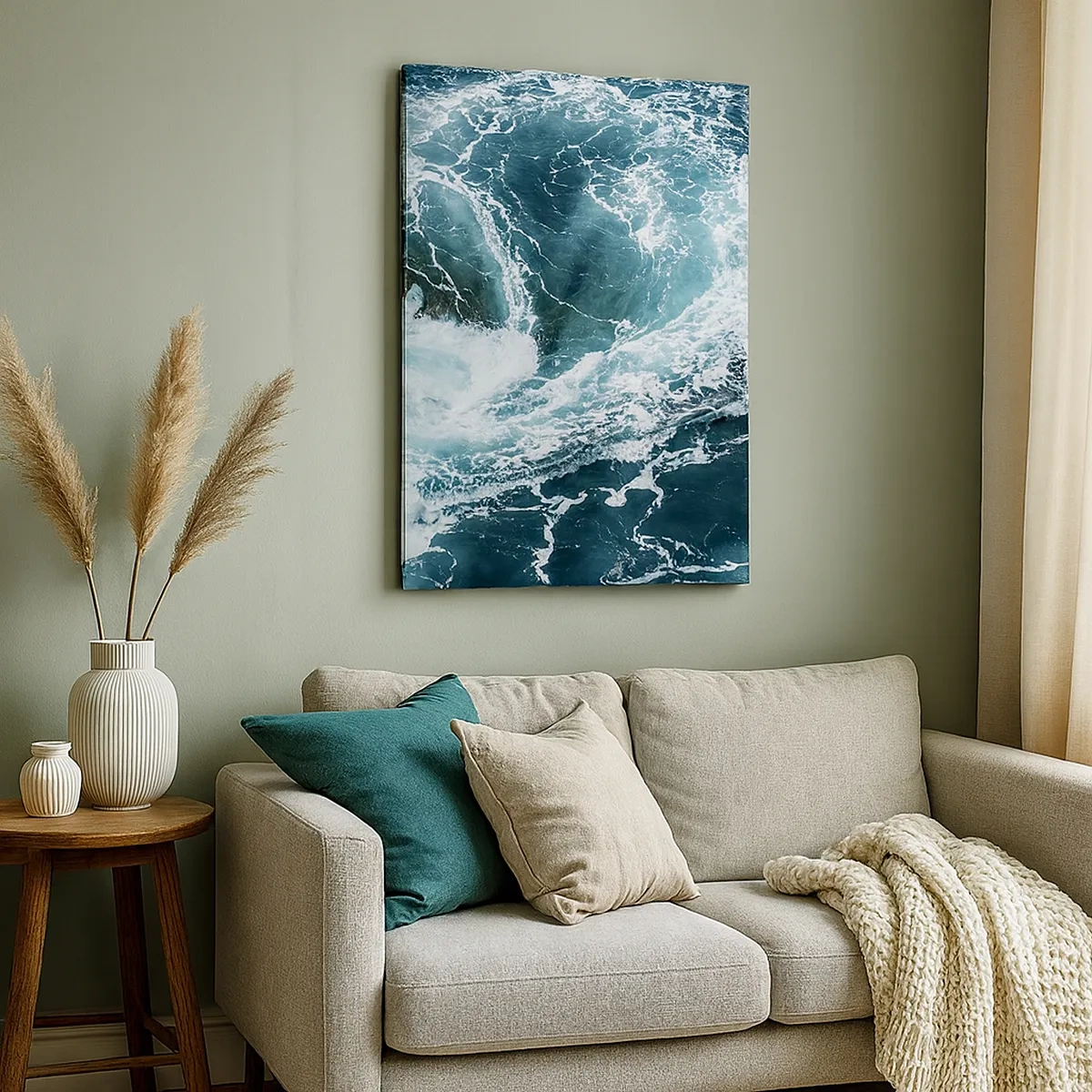 Obraz na płótnie - Dynamiczne fale oceanu w odcieniach błękitu i bieli - 50x70cm - Wrota do wnętrza Ziemi - Nowoczesna dekoracja ścienna do salonu, kuchni i sypialni ARTTOR