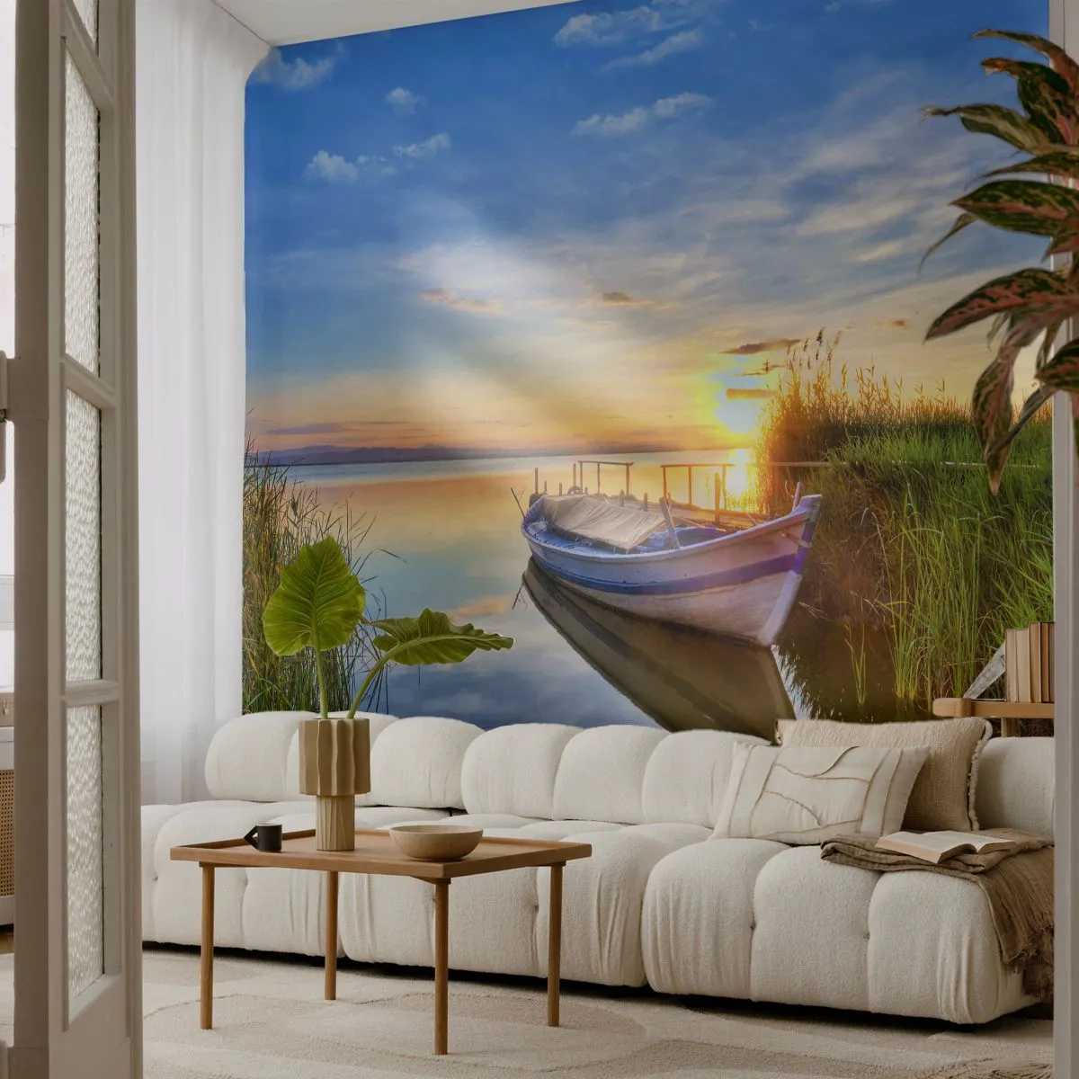 Fototapeta Premium Sand - Łódź na spokojnym jeziorze o zachodzie słońca - 100x70cm - Zatoczka spełnionych marzeń - Nowoczesna dekoracja ścienna do salonu, kuchni i sypialni ARTTOR