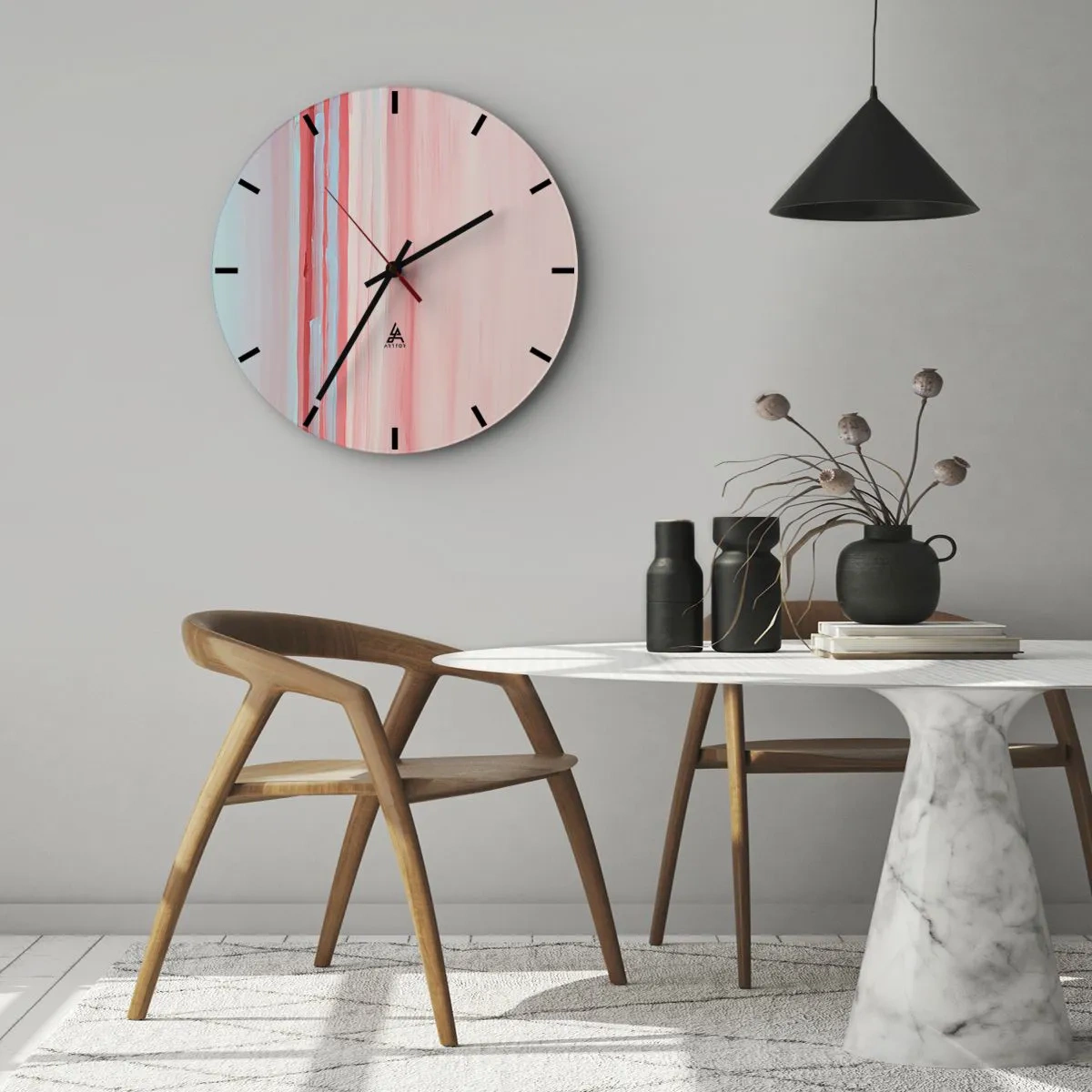 Zegar ścienny - Pastelowe pionowe smugi w odcieniach różu i błękitu - 30x30cm - Abstrakcja o świcie - Nowoczesna dekoracja ścienna do salonu, kuchni i sypialni ARTTOR