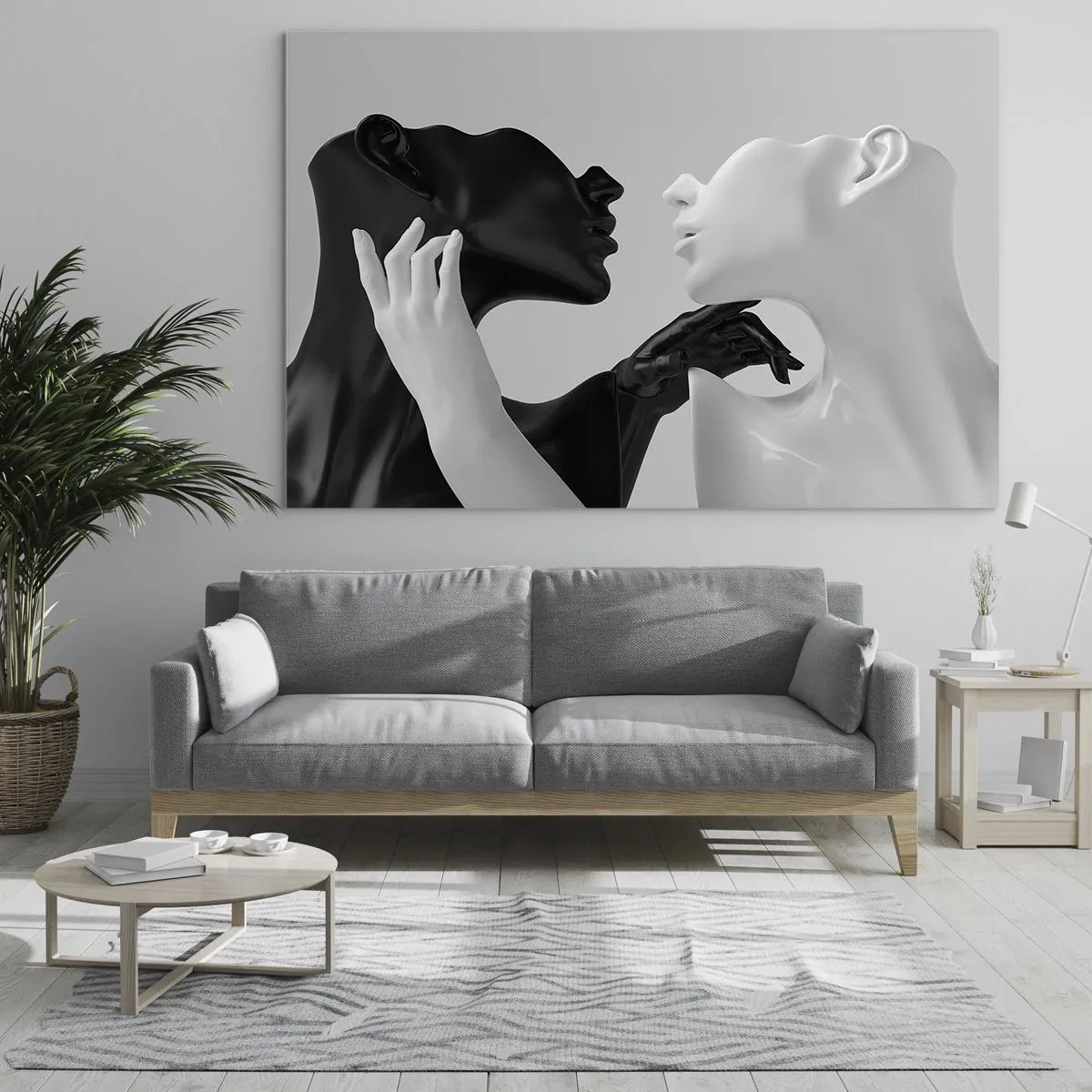 Obraz na szkle - Czarno-białe postacie w zmysłowym zbliżeniu - 70x50cm - Przyciąganie – pożądanie - Nowoczesna dekoracja ścienna do salonu i sypialni ARTTOR