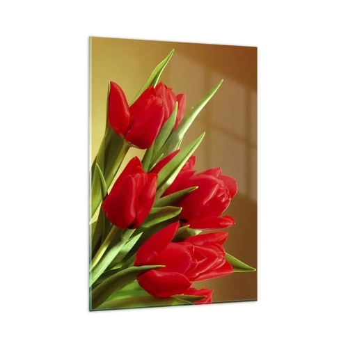 Obraz na szkle - Bukiet czerwonych tulipanów na złotym tle z zielonymi liśćmi - 80x120cm - Pęk wiosennej radości - Nowoczesna dekoracja ścienna do salonu i sypialni ARTTOR