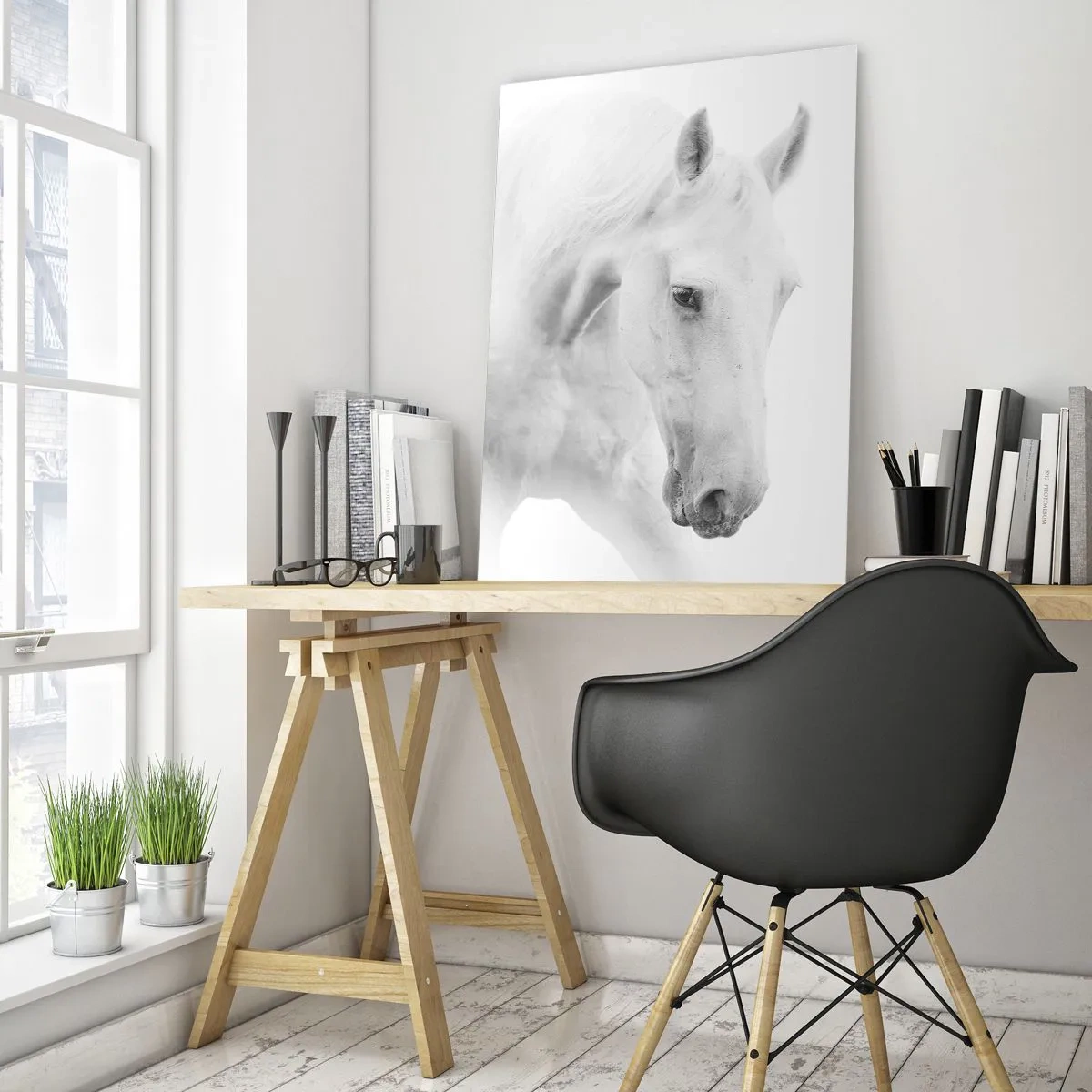 Obraz na szkle - Dwa białe konie zwrócone ku sobie na jasnym tle - 50x70cm - Czy to jest przyjaźń…? - Nowoczesna dekoracja ścienna do salonu, kuchni i sypialni ARTTOR