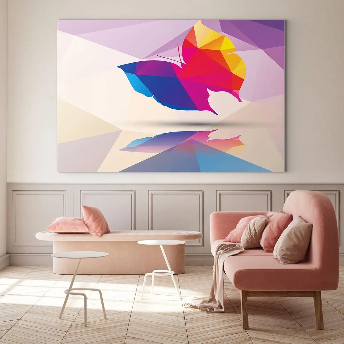 Obraz na szkle - Geometryczny motyl w jasnej kolorowej abstrakcji - 120x80cm - Motyla tęcza - Nowoczesna dekoracja ścienna do salonu, kuchni i sypialni ARTTOR