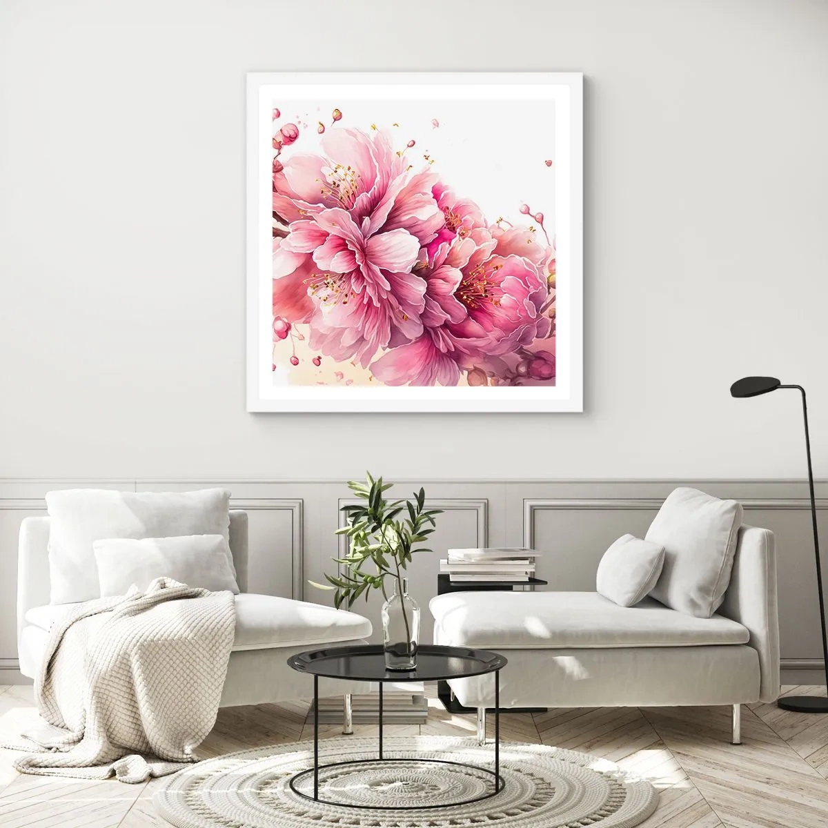 Plakat w białej ramie - Kwiat kwitnącej wiśni - 50x50 cm