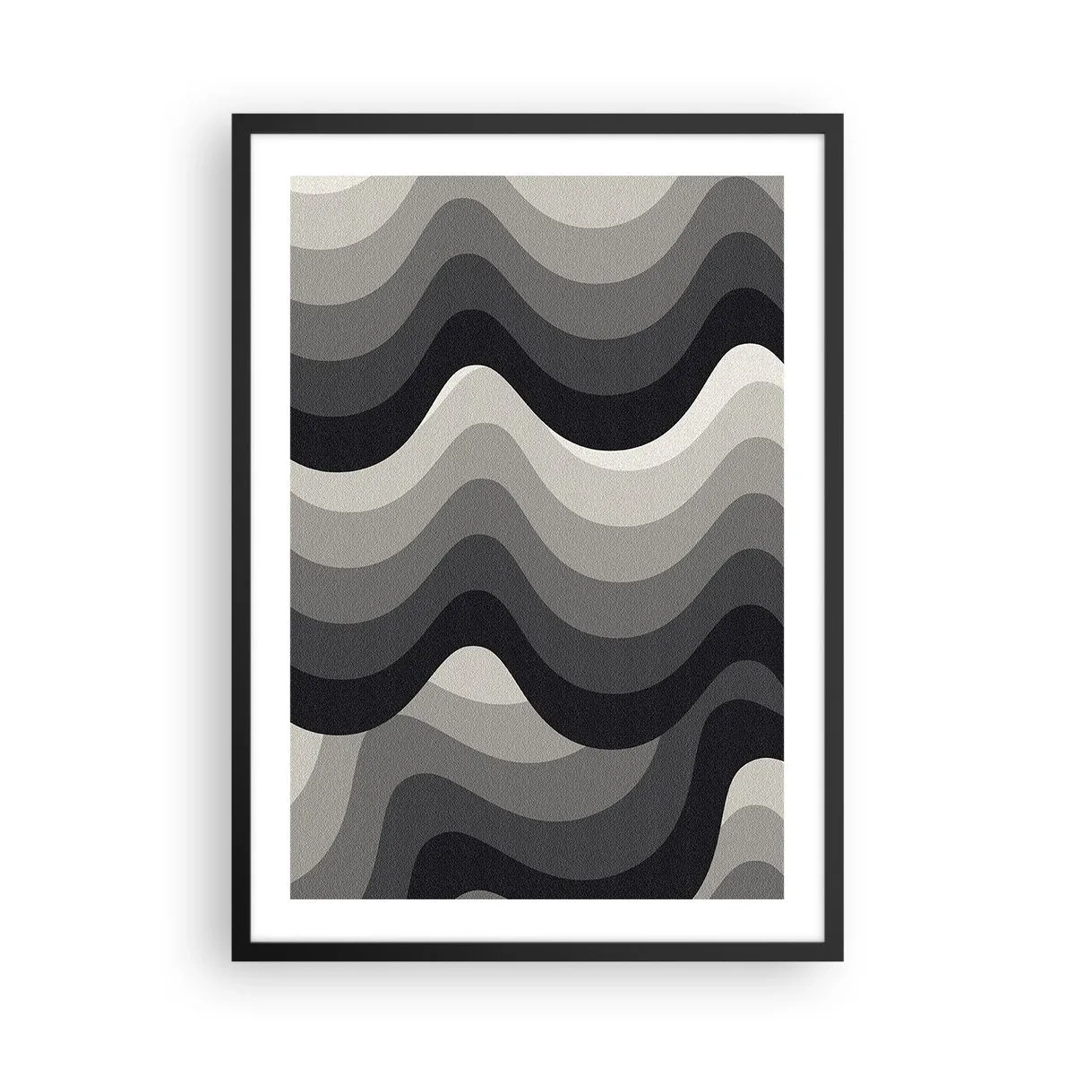 Plakat w czarnej ramie - Geometryczne fale w odcieniach czerni i szarości - 50x70cm - Fala za falą - Nowoczesna dekoracja ścienna do salonu i sypialni ARTTOR