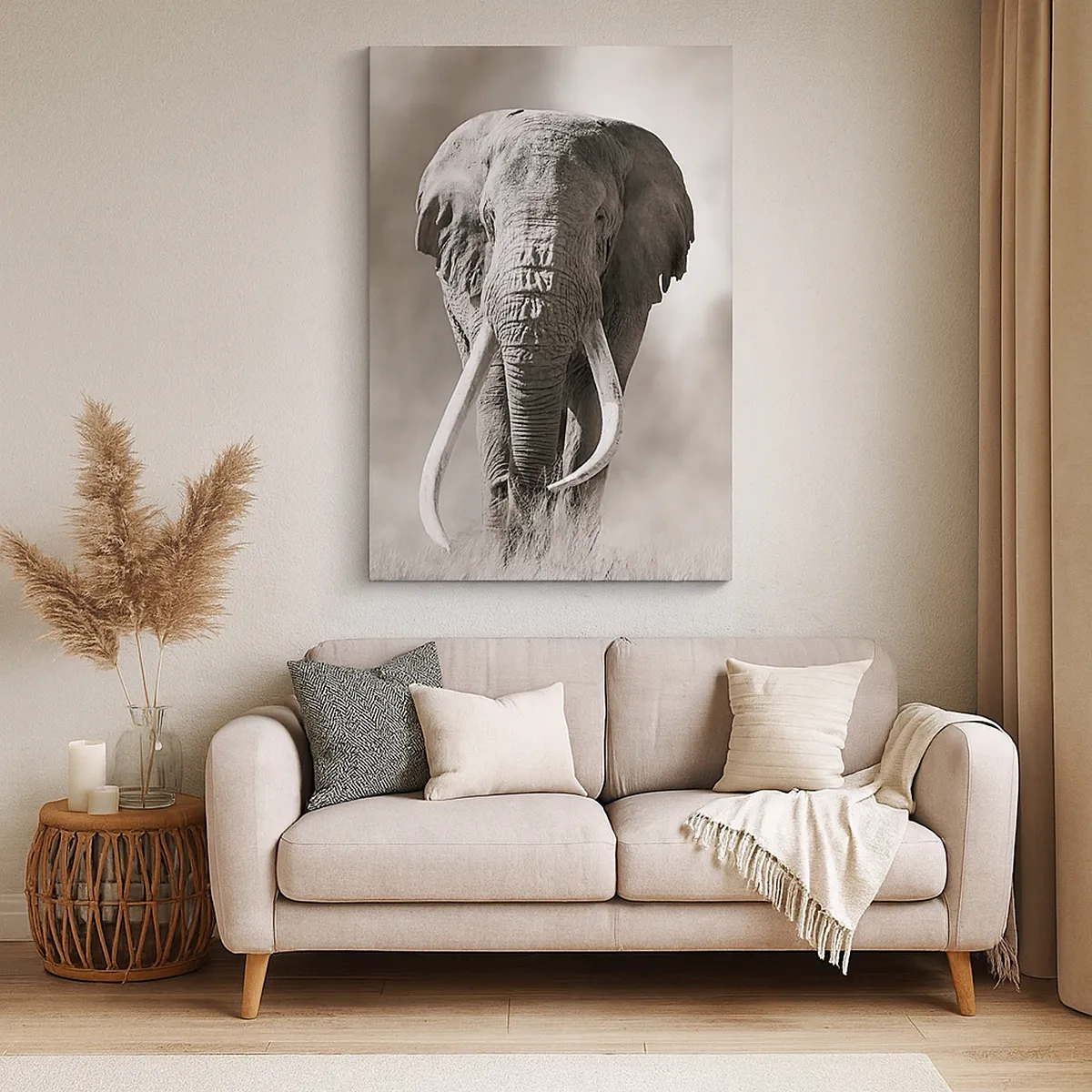 Obraz na płótnie - Monochromatyczny portret majestatycznego słonia afrykańskiego na sawannie - 50x70cm - Afrykański patriarcha - Nowoczesna dekoracja ścienna do salonu, kuchni i sypialni ARTTOR