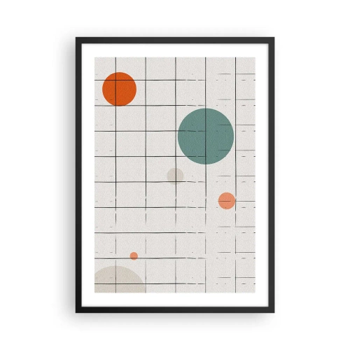 Plakat w czarnej ramie - Abstrakcyjna kompozycja siatki i kolorowych okręgów - 50x70cm - Uwięzione. My czy one? - Nowoczesna dekoracja ścienna do salonu i sypialni ARTTOR