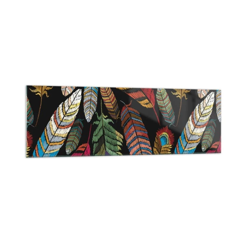 Obraz na szkle - Kolorowe pióra na czarnym tle - 160x50cm - Ptasi karnawał - Nowoczesna dekoracja ścienna do salonu i sypialni ARTTOR