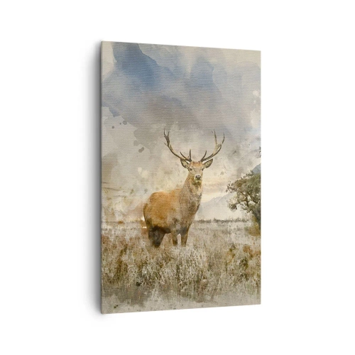 Obraz na płótnie - Jeleń w naturalnym otoczeniu w akwarelowym stylu - 80x120cm - Godność - siła - dostojeństwo - Nowoczesna dekoracja ścienna do salonu i sypialni ARTTOR
