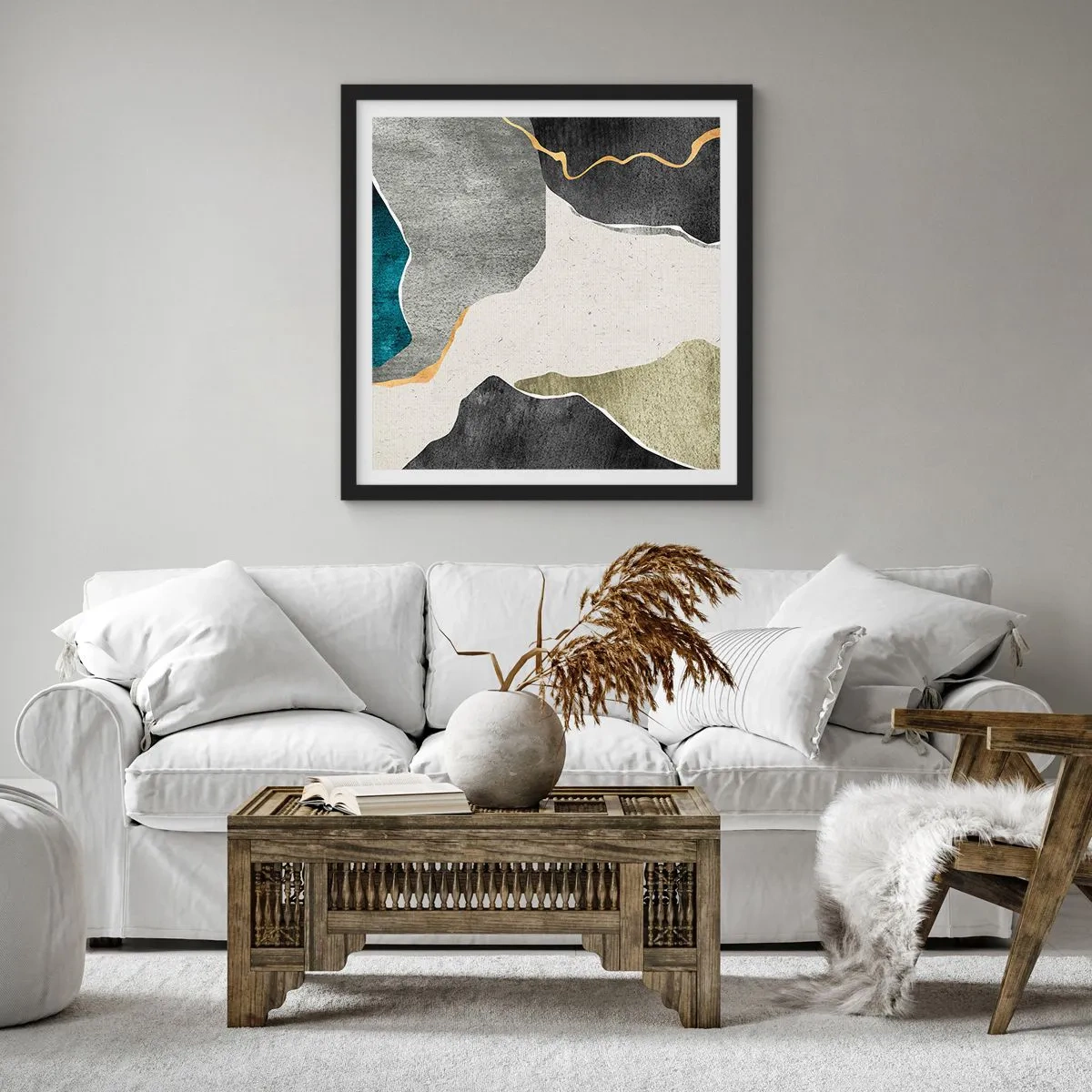 Plakat w czarnej ramie - Mozaikowa kompozycja z nitką złota - 30x30 cm