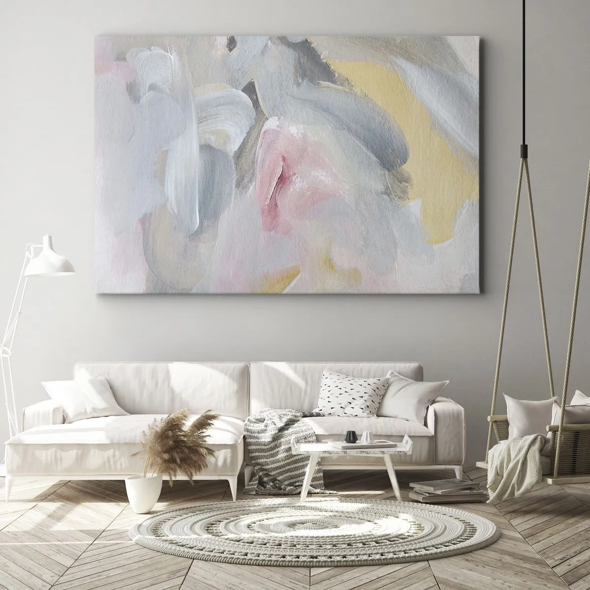 Obraz na płótnie - Abstrakcyjne pastelowe pociągnięcia w odcieniach różu i szarości - 70x50cm - W pastelowym świecie - Nowoczesna dekoracja ścienna do salonu i sypialni ARTTOR