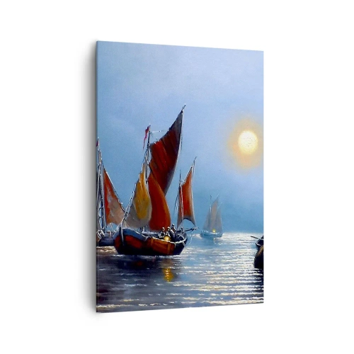 Obraz na płótnie - Łodzie z żaglami na spokojnej wodzie przy zachodzie słońca - 70x100cm - Nocny połów - Nowoczesna dekoracja ścienna do salonu i sypialni ARTTOR