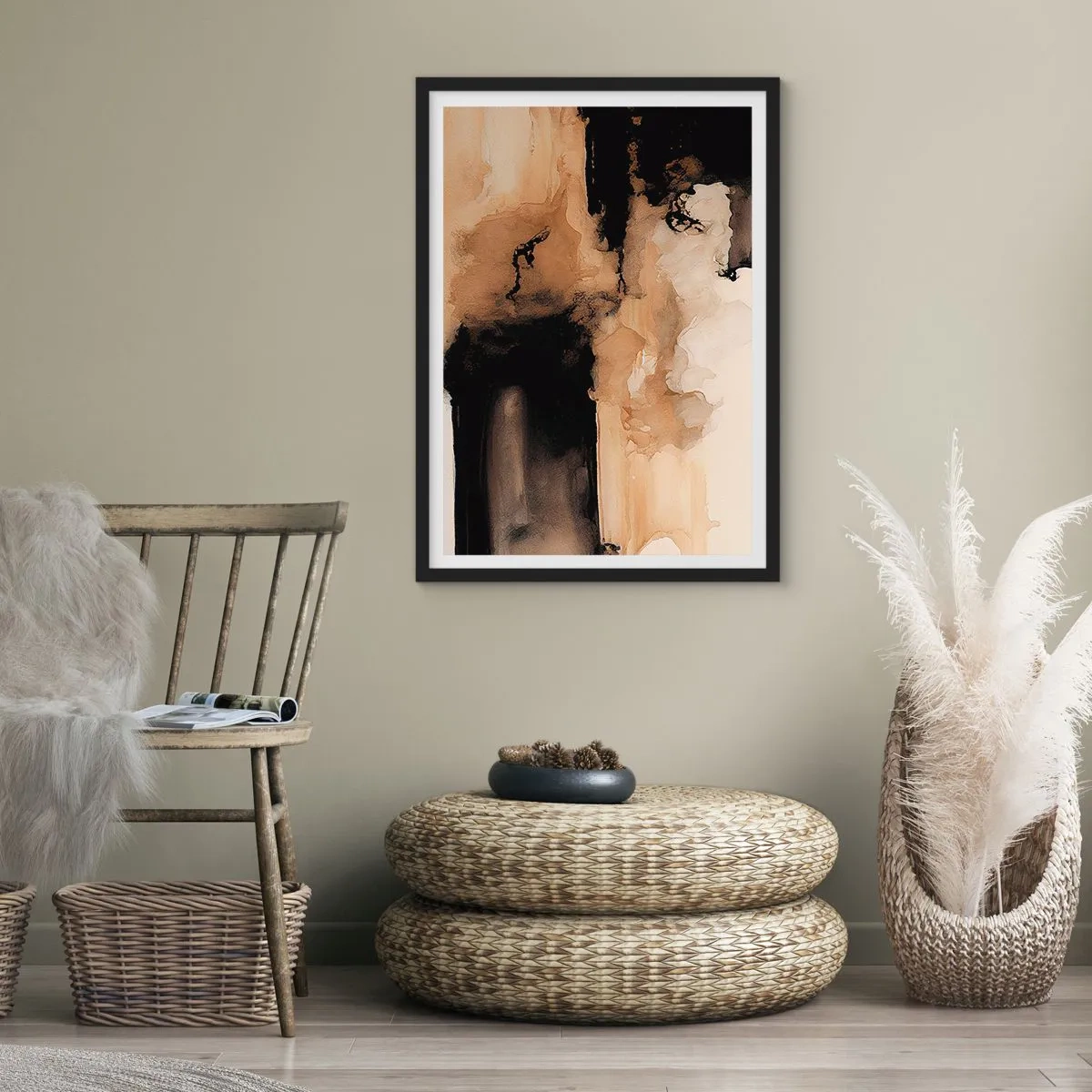 Plakat w czarnej ramie - Abstrakcyjna kompozycja w ciepłych odcieniach brązu - 50x70cm - Abstrakcja intrygująca - Nowoczesna dekoracja ścienna do salonu i sypialni ARTTOR