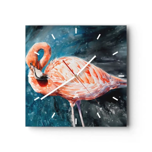 Zegar ścienny - Różowy flaming na tle akwarelowego błękitu - 30x30cm - Dekoracyjny z natury - Nowoczesna dekoracja ścienna do salonu i sypialni ARTTOR