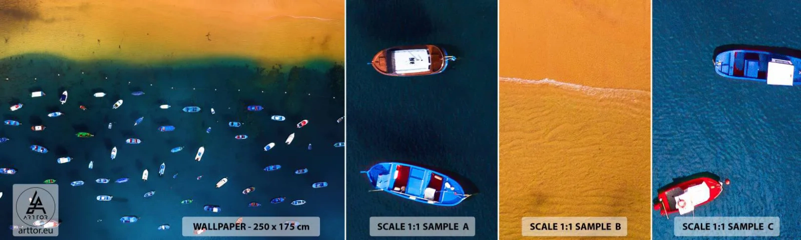 Fototapeta Próbka Samoprzylepna Deluxe Sticker - Wakacyjna gra - Łódki, Plaża, Brzeg Morza - 100x30 cm