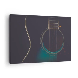 Obraz na płótnie - Akustyczna gitara w ciemnym, eleganckim świetle - 70x50cm - Chwila zanim zabrzmi - Nowoczesna dekoracja ścienna do salonu i sypialni ARTTOR