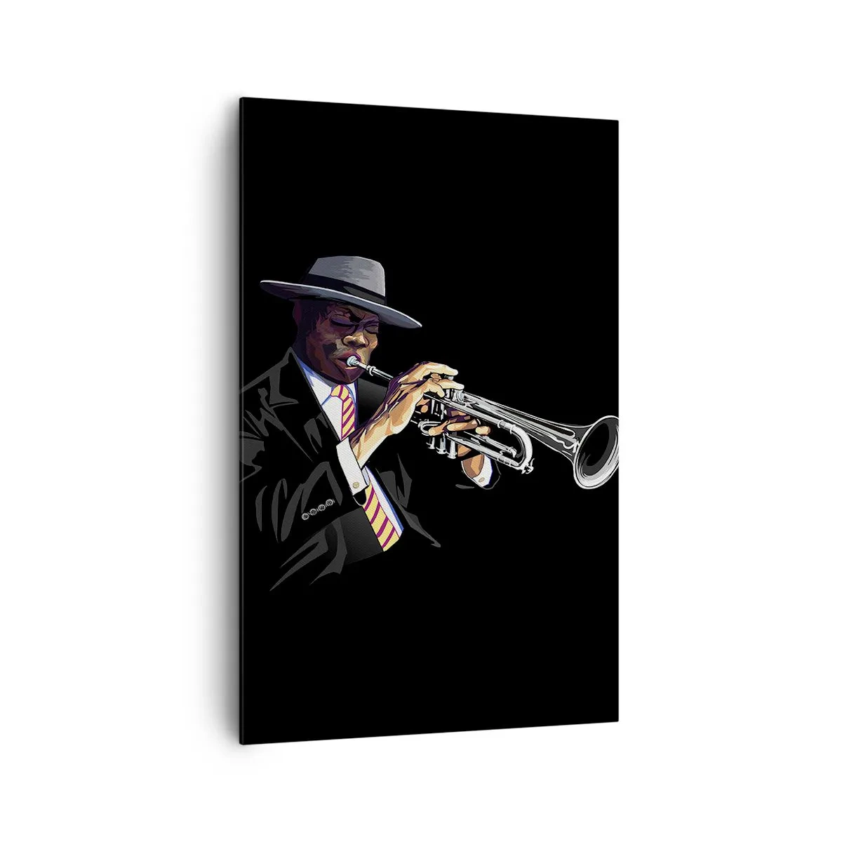 Obraz na płótnie - Muzyk grający na trąbce na czarnym tle - 80x120cm - Czar starej szkoły - Nowoczesna dekoracja ścienna do salonu i sypialni ARTTOR