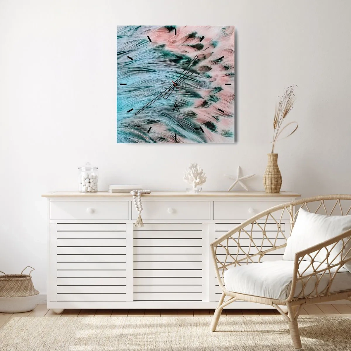 Zegar ścienny - Zbliżenie na pióra w pastelowych szafirowo-różowych barwach - 30x30cm - Szafirowo-różowy puch - Nowoczesna dekoracja ścienna do salonu i sypialni ARTTOR
