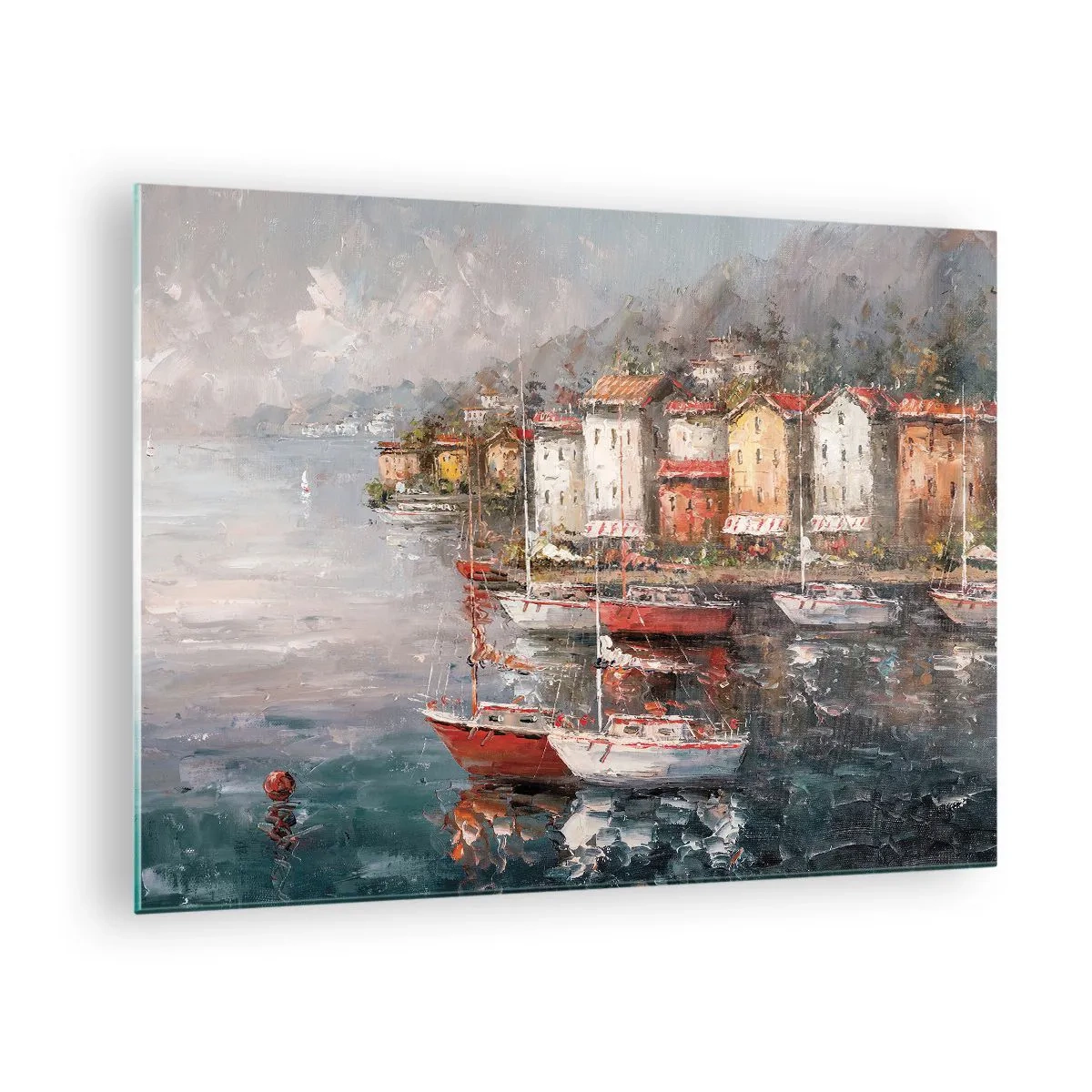 Obraz na szkle - Malowniczy port z żaglówkami i kolorowymi domkami - 70x50cm - Romantyczna przystań - Nowoczesna dekoracja ścienna do salonu i sypialni ARTTOR