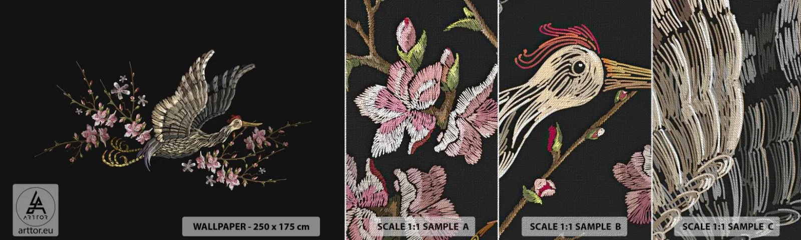 Fototapeta Próbka Premium Canvas - Egzotyczny, haftowany ptak - Ptak, Grafika, Kwiaty - 100x30 cm