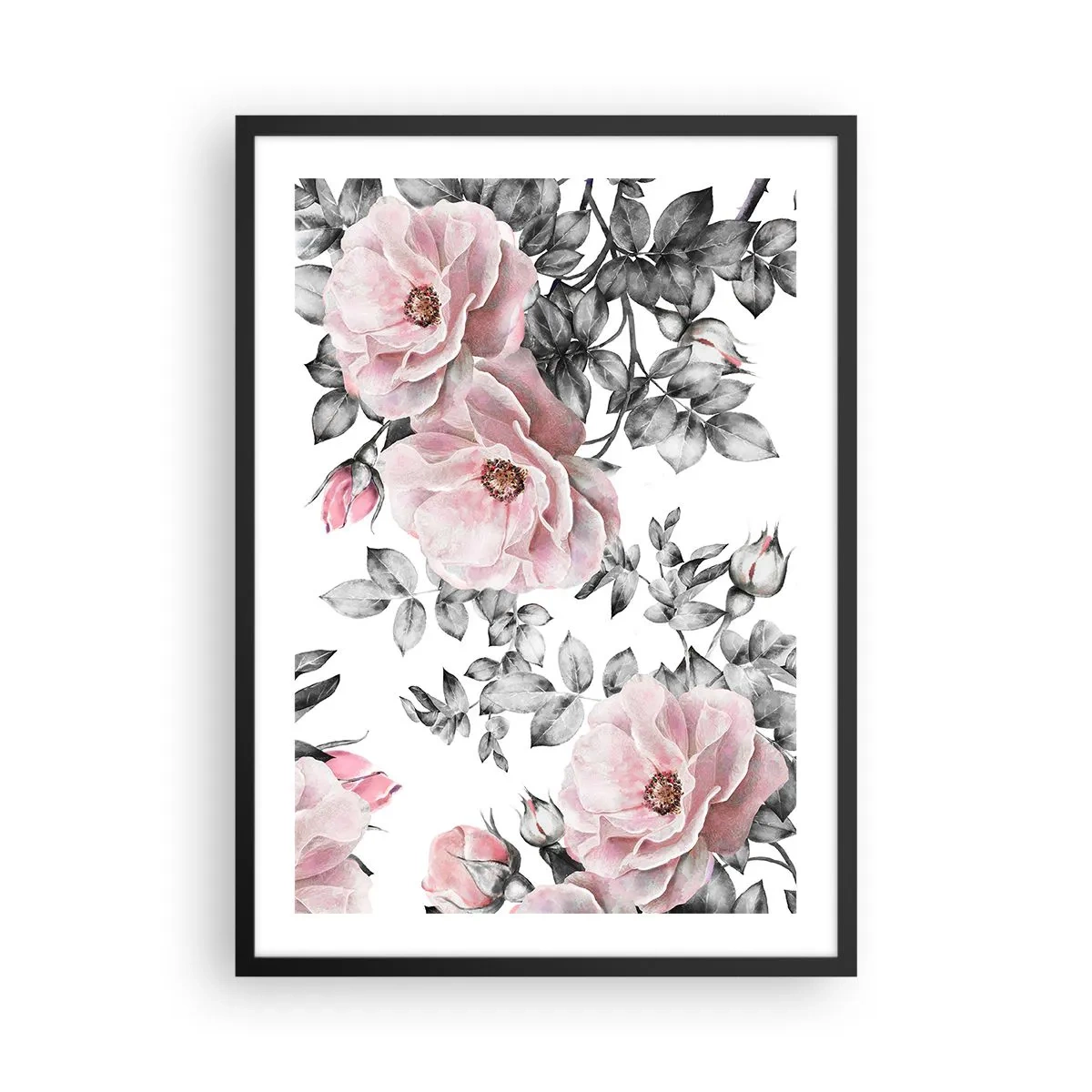Plakat w czarnej ramie - Różowe róże na tle czarno-białych liści - 50x70cm - Zagubić się w kwiatach róż - Nowoczesna dekoracja ścienna do salonu i sypialni ARTTOR