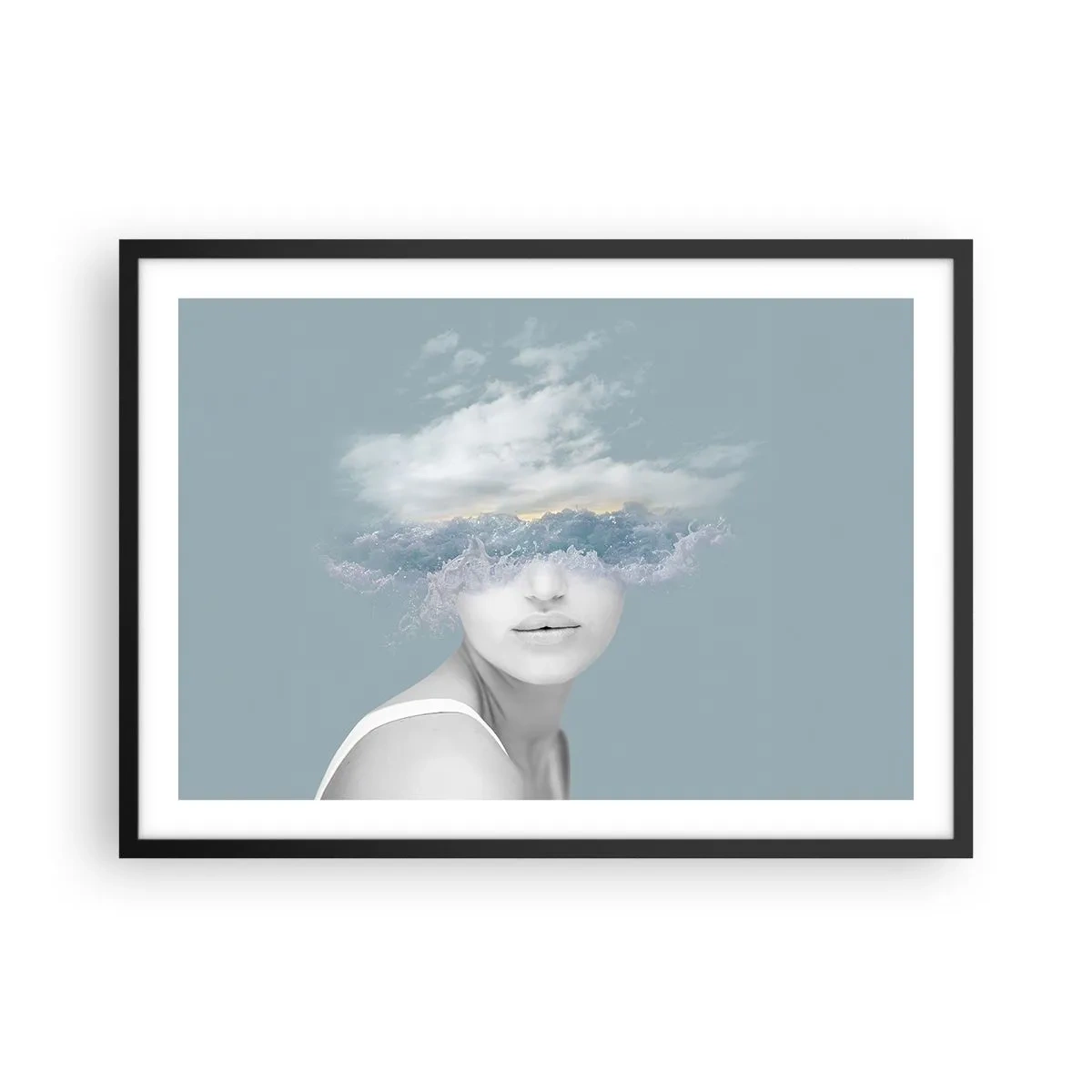 Plakat w czarnej ramie - Portret kobiety z twarzą ukrytą za chmurami i falami - 70x50cm - Z głową w chmurach - Nowoczesna dekoracja ścienna do salonu i sypialni ARTTOR