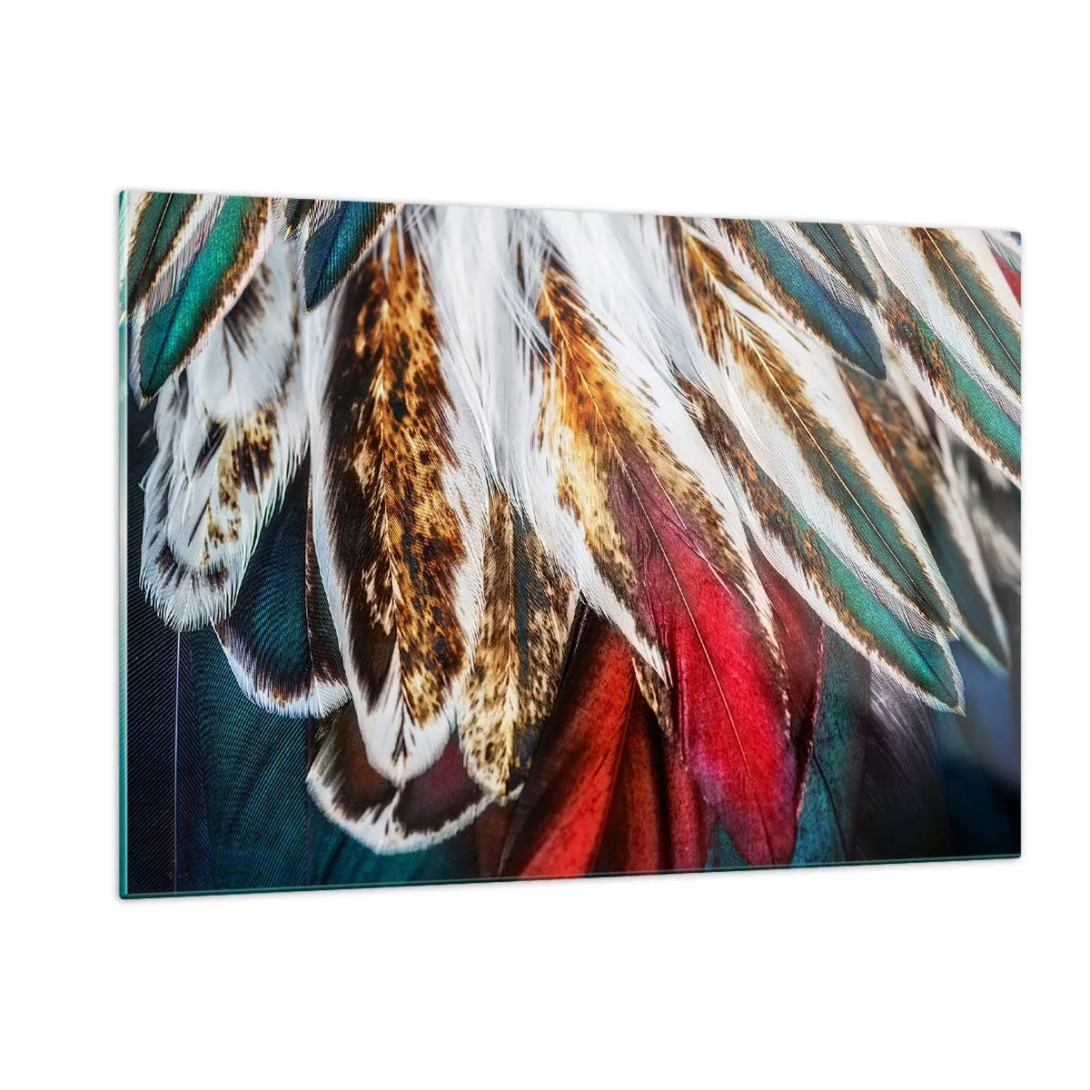 Obraz na szkle - Kolorowe pióra w bogatej palecie barw z wyraźną teksturą - 120x80cm - Tajemnice lotu - Nowoczesna dekoracja ścienna do salonu, kuchni i sypialni ARTTOR
