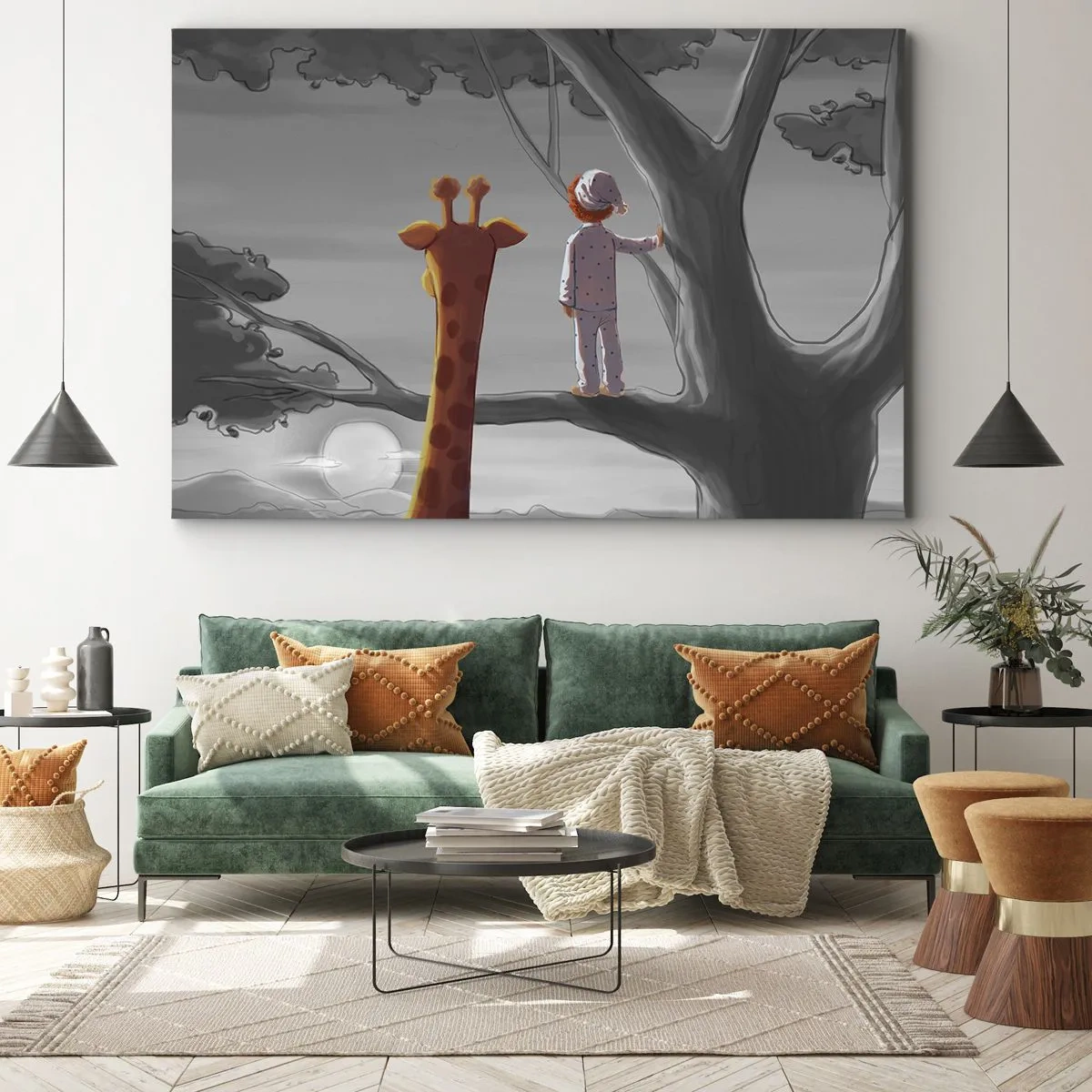 Obraz na płótnie - Dziecko i żyrafa na gałęzi drzewa w bajkowym krajobrazie - 70x50cm - To się naprawdę dzieje - Nowoczesna dekoracja ścienna do salonu i sypialni ARTTOR