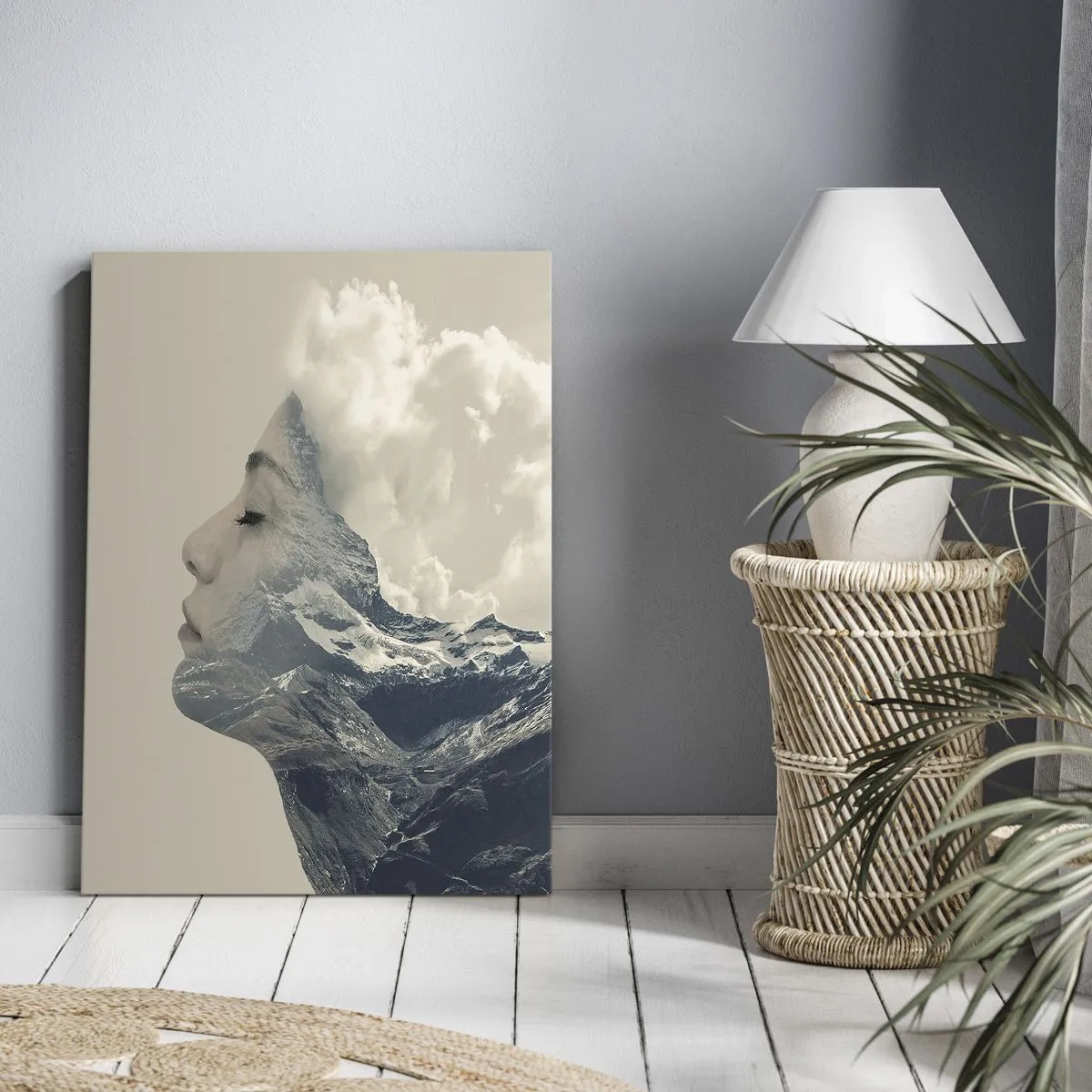 Obraz na płótnie - Artystyczna kompozycja twarzy kobiety i gór - 50x70cm - Uroda żywiołów - Nowoczesna dekoracja ścienna do salonu, kuchni i sypialni ARTTOR