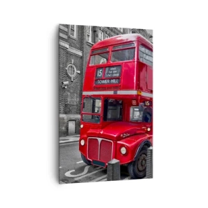 Obraz na płótnie - Czerwony autobus piętrowy w Londynie na tle klasycznej architektury - 80x120cm - Zawsze taki sam - Nowoczesna dekoracja ścienna do salonu i sypialni ARTTOR