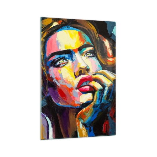 Obraz na szkle - Kolorowy portret kobiety w stylu ekspresjonistycznym - 70x100cm - Marzenia jak ptaki szybują po niebie - Nowoczesna dekoracja ścienna do salonu i sypialni ARTTOR