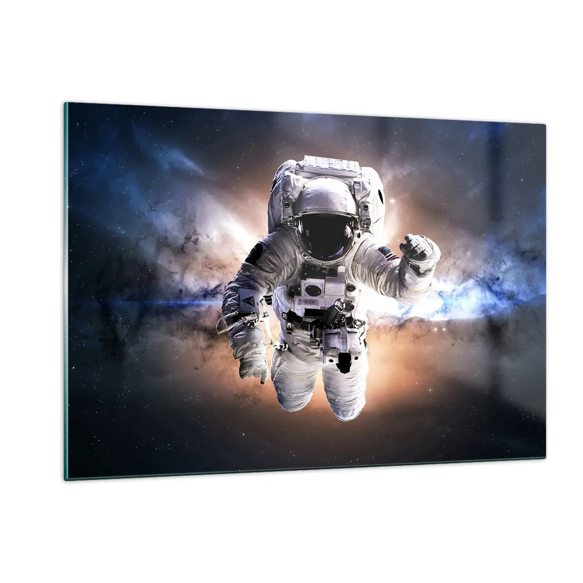 Obraz na szkle - Astronauta w przestrzeni kosmicznej na tle galaktyki - 120x80cm - Pozdrowienia z kosmosu - Nowoczesna dekoracja ścienna do salonu, kuchni i sypialni ARTTOR