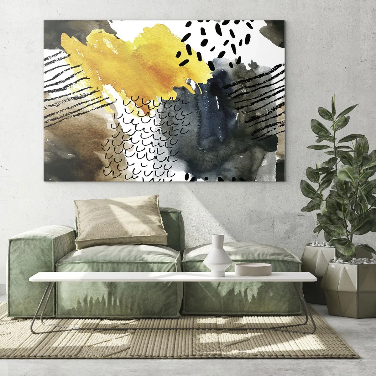 Obraz na szkle - Abstrakcyjna kompozycja z plamami i liniami w kolorach ziemi - 100x70cm - Spotkanie żywiołów - Nowoczesna dekoracja ścienna do salonu, kuchni i sypialni ARTTOR