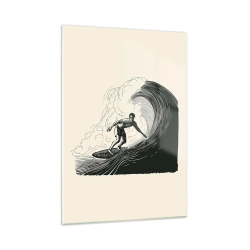 Obraz na szkle - Surfer na wysokiej fali w stylu retro rysunku - 50x70cm - Król fali - Nowoczesna dekoracja ścienna do salonu, kuchni i sypialni ARTTOR