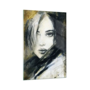 Obraz na szkle - Portret kobiety na tle abstrakcyjnych plam w odcieniach beżu - 70x100cm - bardziej niewinna czy zmysłowa? - Nowoczesna dekoracja ścienna do salonu i sypialni ARTTOR