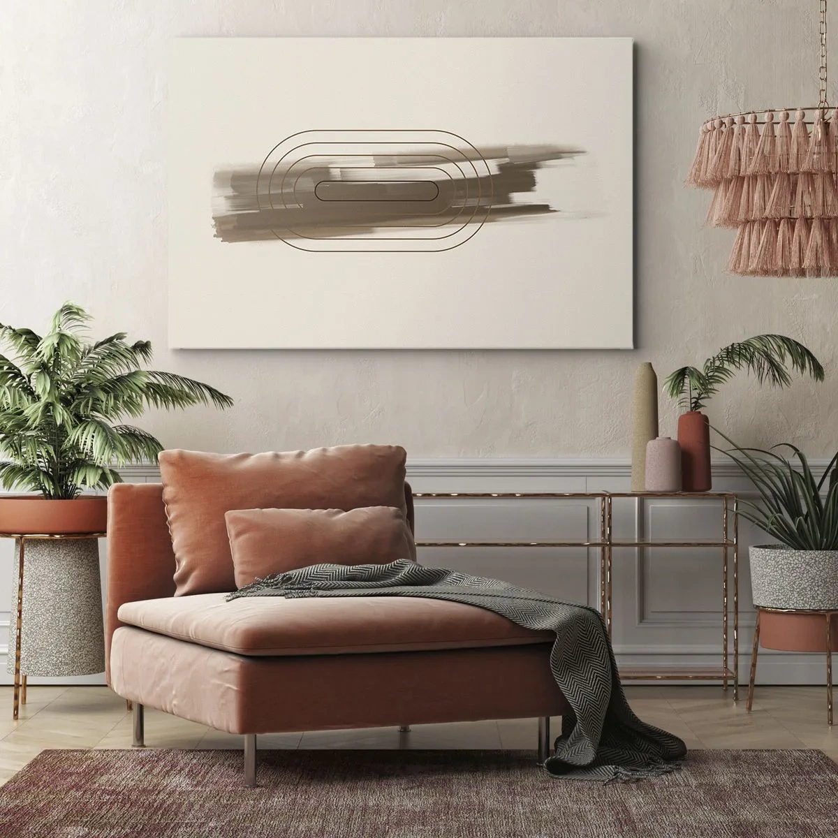 Obraz na płótnie - Minimalistyczna kompozycja w odcieniach beżu i szarości z geometrycznym wzorem - 70x50cm - Powiew szarości - Nowoczesna dekoracja ścienna do salonu i sypialni ARTTOR