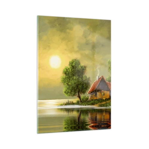 Obraz na szkle - Malowniczy pejzaż z chatą nad jeziorem o zachodzie słońca - 50x70cm - Pięknie, jak z obrazka - Nowoczesna dekoracja ścienna do salonu, kuchni i sypialni ARTTOR
