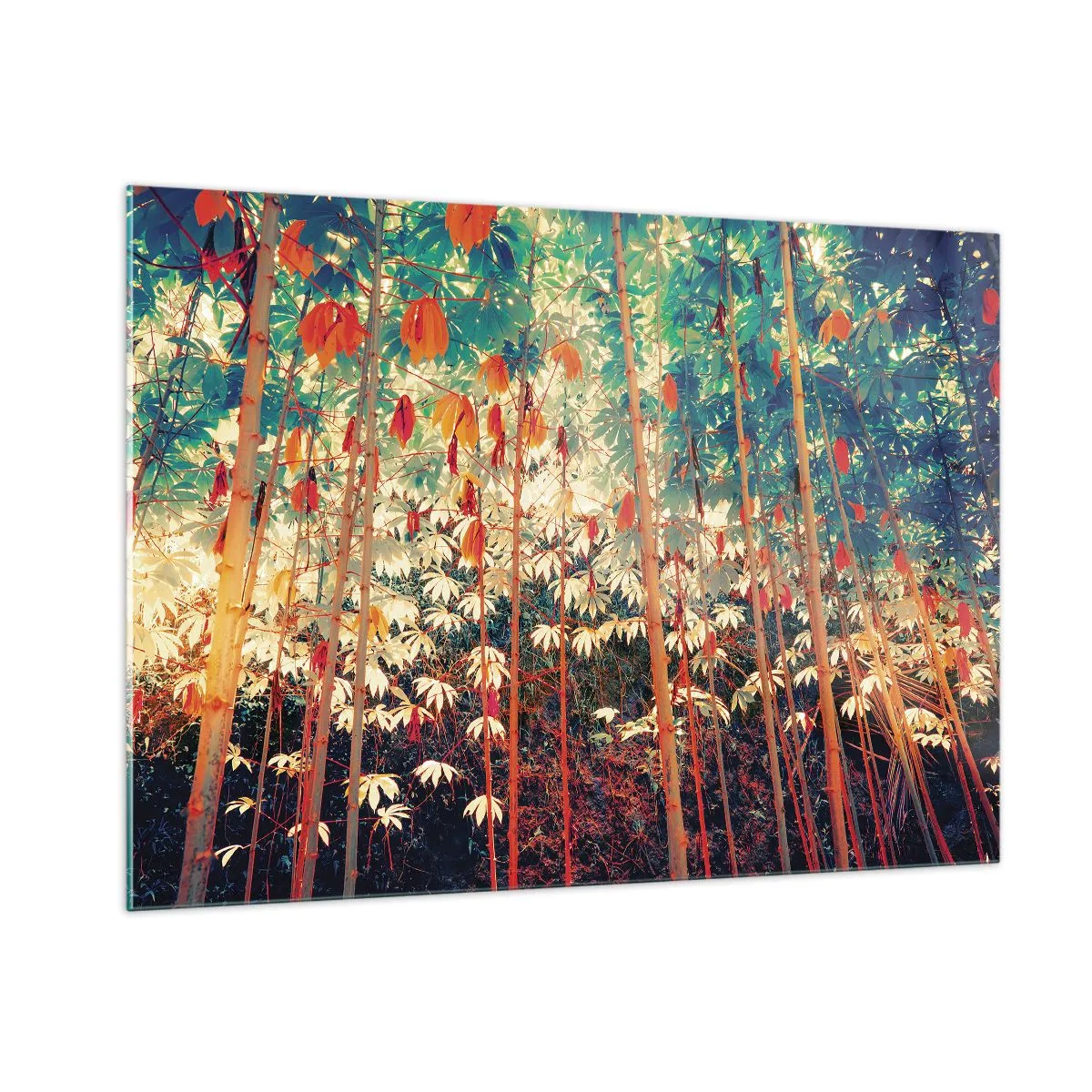 Obraz na szkle - Kolorowy las bambusowy z ciepłym oświetleniem - 100x70cm - Tajemne życie liści - Nowoczesna dekoracja ścienna do salonu, kuchni i sypialni ARTTOR