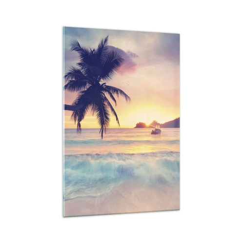 Obraz na szkle - Plaża z palmą i zachodem słońca nad oceanem - 70x100cm - Wieczór w zatoce - Nowoczesna dekoracja ścienna do salonu i sypialni ARTTOR
