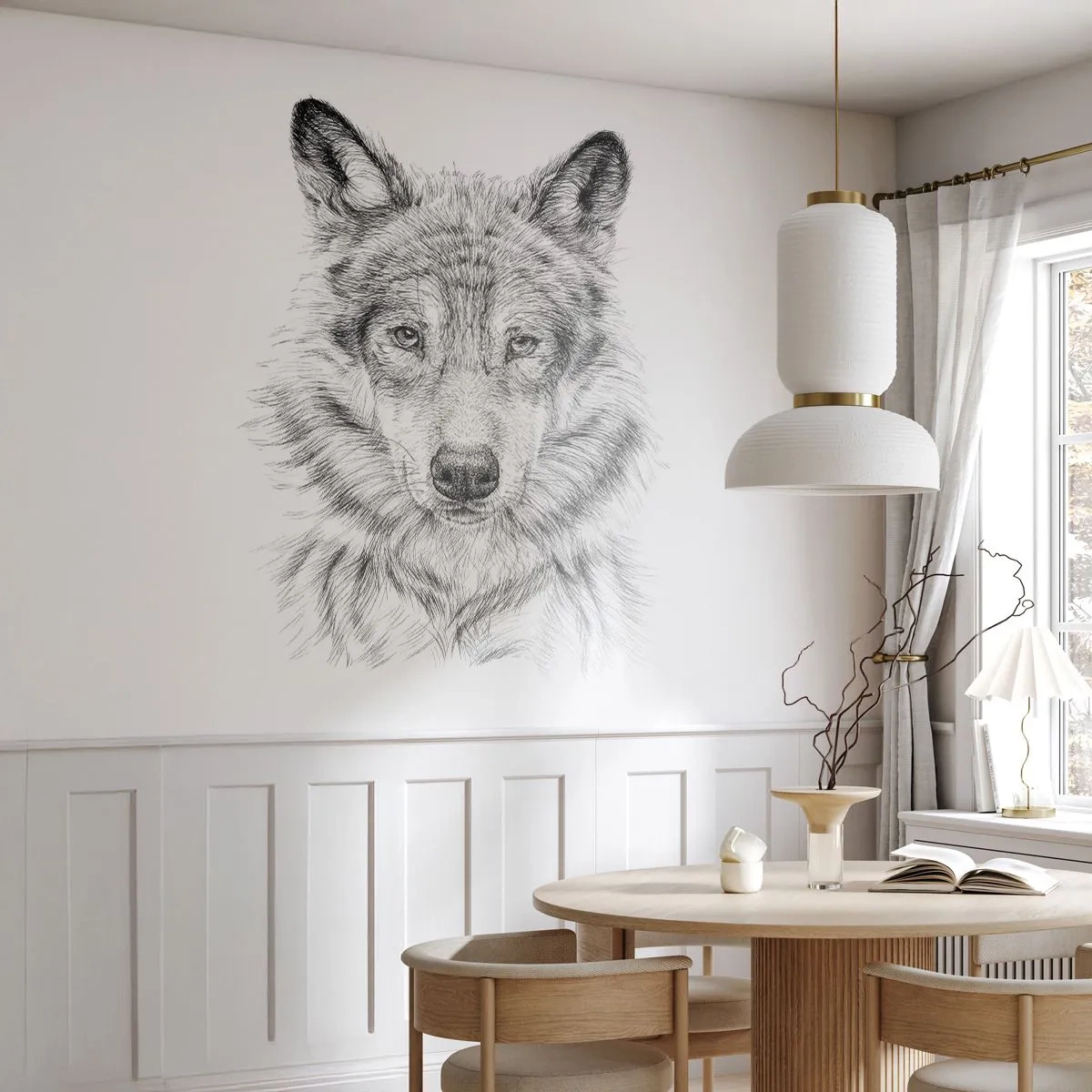 Fototapeta Premium Sand - Szkic wilka wykonany czarną kreską na białym tle - 100x70cm - Urodzony przywódca - Nowoczesna dekoracja ścienna do salonu, kuchni i sypialni ARTTOR