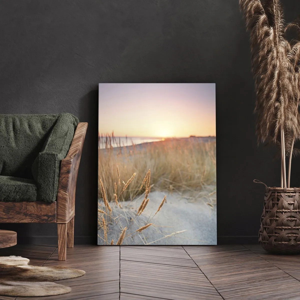 Obraz na płótnie - Plaża z wydmami i trawami o zachodzie słońca - 50x70cm - Bałtycka kołysanka - Nowoczesna dekoracja ścienna do salonu, kuchni i sypialni ARTTOR